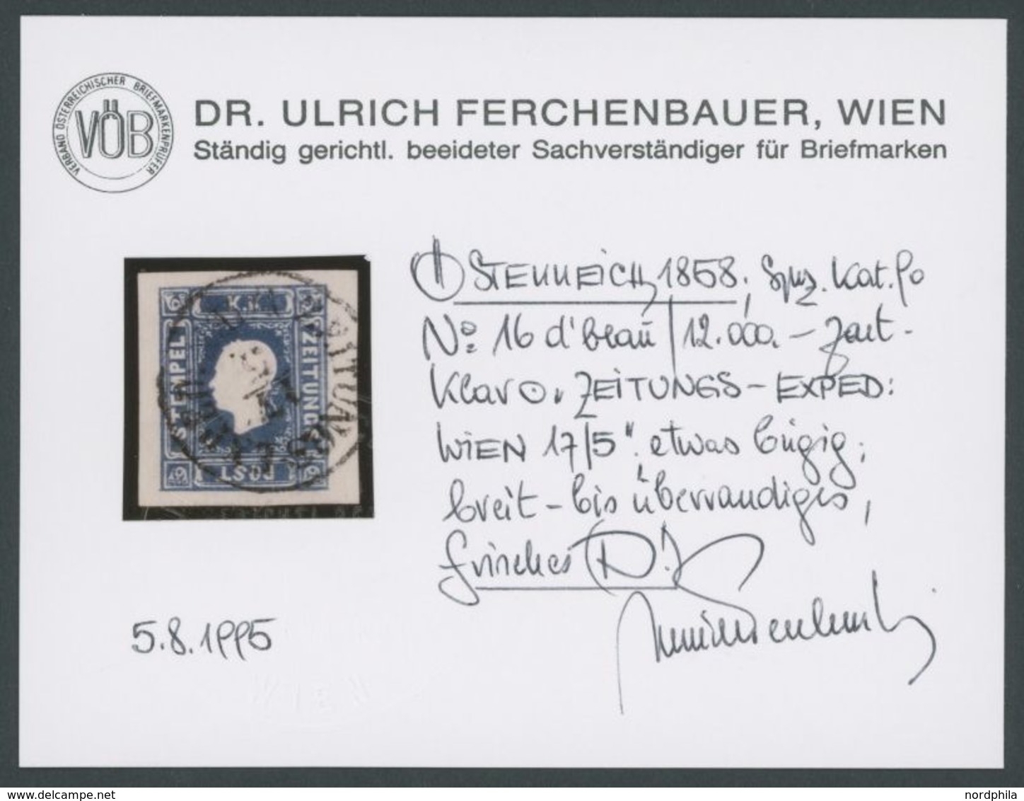 1858, 1.05 Kr. Dunkelblau, K2 ZEITUNGS-EXPED: WIEN, Leicht Bügig, Farbfrisches Breitrandiges Prachtbriefstück, Fotobefun - Oblitérés