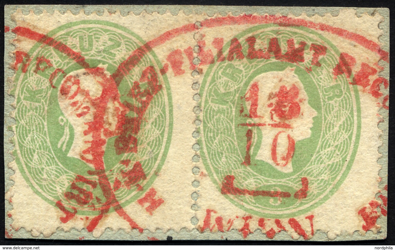ÖSTERREICH 19 Paar BrfStk, 1860, 3 Kr. Grün Im Waagerechten Paar Mit Rotem Wiener-Recommandirt-Stempel, Prachtbriefstück - Used Stamps