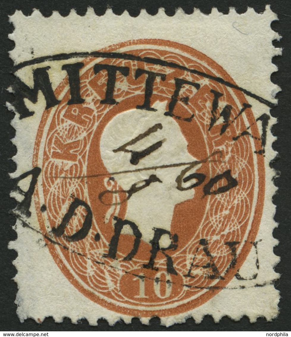 ÖSTERREICH 21 O, 1860, 10 Kr. Braun, Ovalstempel MITTEWALD A.D. DRAU (handschriftliches Datum), Feinst (dünner Rand) - Gebraucht