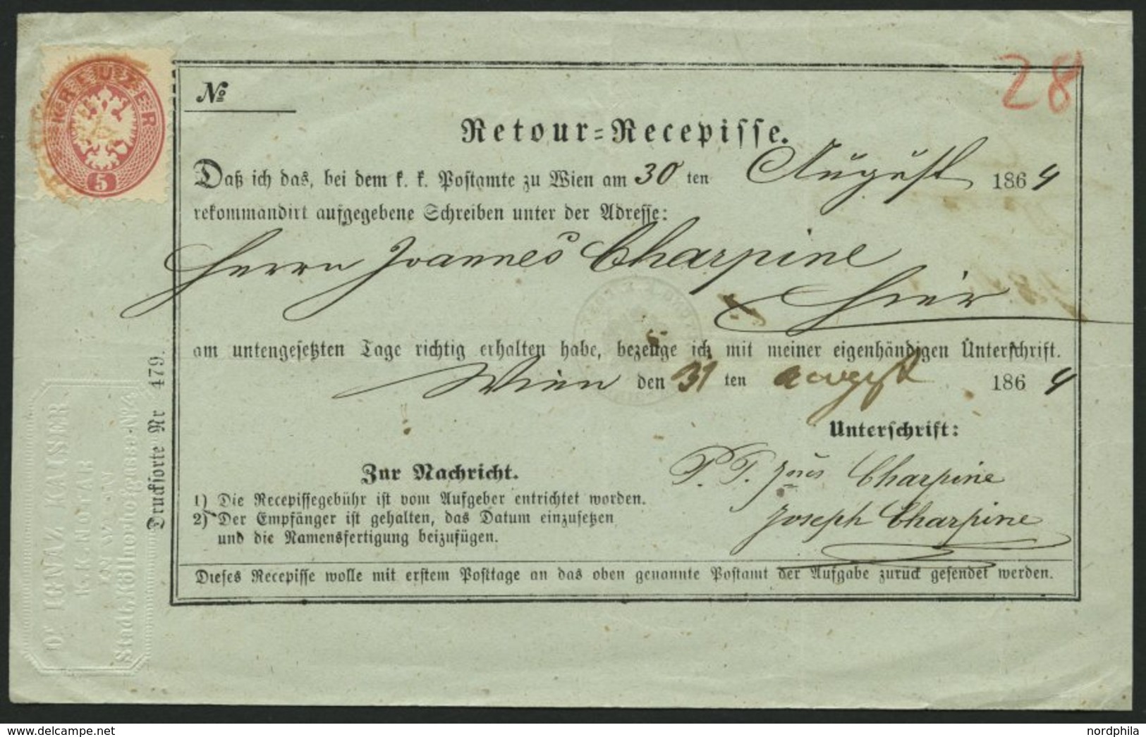 ÖSTERREICH 32 BRIEF, 1864, 5 Kr. Rosa Mit Rotem Recommandirt-Stempel Auf Retour-Recepisse Aus Wien, Pracht - Used Stamps