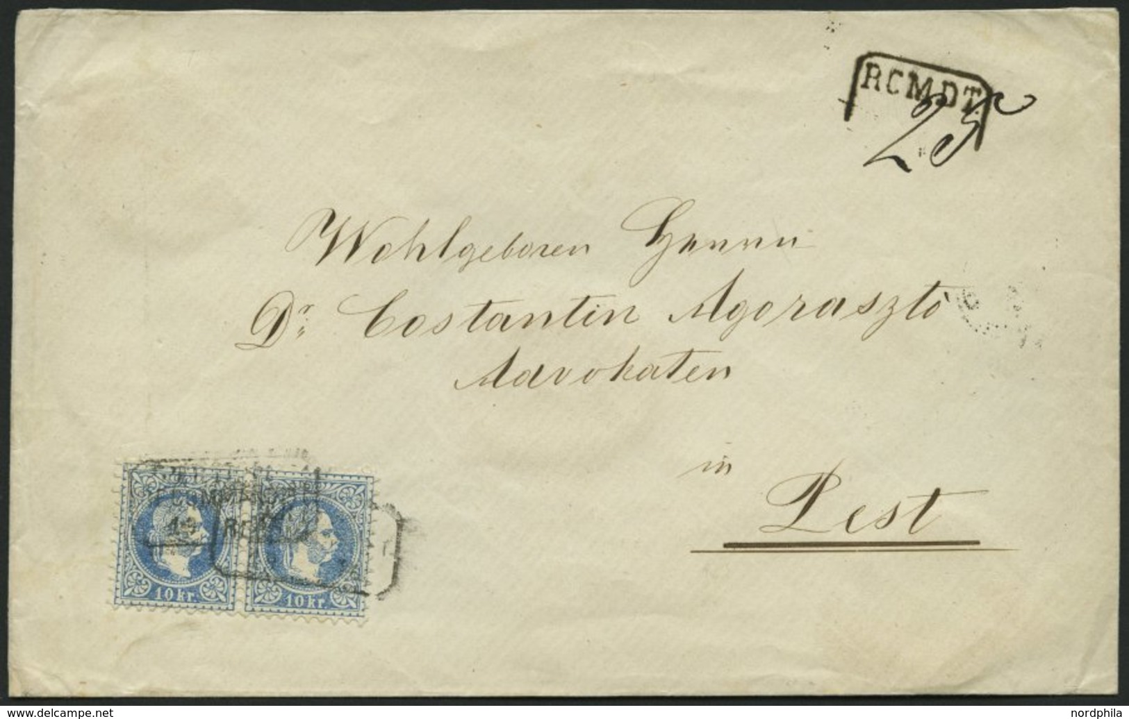 ÖSTERREICH 38I Paar BRIEF, 1867, 10 Kr. Blau, Grober Druck, Im Waagerechten Paar, Auf Brief Mit R2 TRIEST RECOMMANDIRT N - Sonstige & Ohne Zuordnung