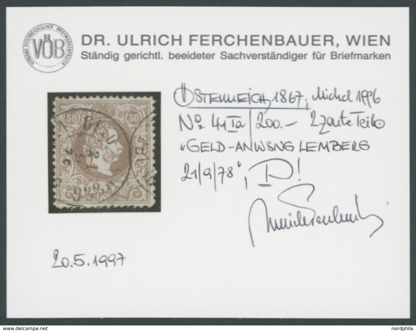 1867, 50 Kr. Braun, Grober Druck, K2 GELD-ANWSNG LEMBERG, Pracht, Fotobefund Dr. Ferchenbauer, Mi. 150.- -> Automaticall - Other & Unclassified