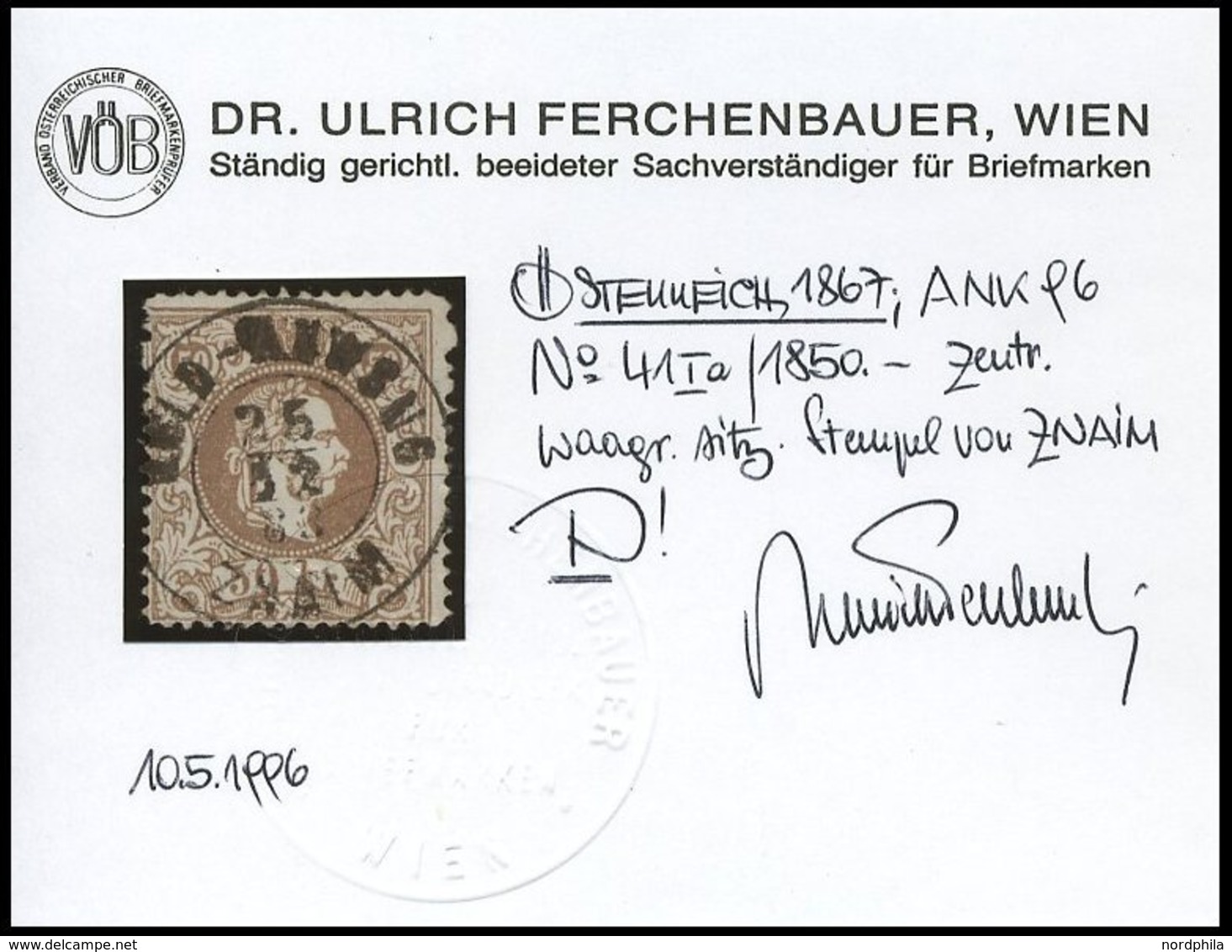 ÖSTERREICH 41Ia O, 1867, 50 Kr. Braun, Grober Druck, K2 GELD-ANWSNG ZNAIM, Pracht, Fotobefund Dr. Ferchenbauer - Other & Unclassified