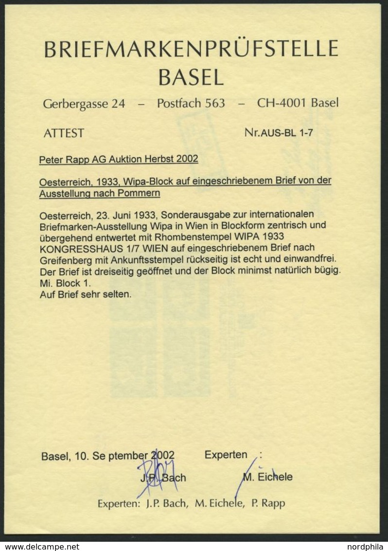 ÖSTERREICH Bl. 1, 1933, Block WIPA Auf Einschreibbrief Mit Sonderstempel KONGRESSHAUS Nach Pommern, Fotoattest Bach/Eich - Sonstige & Ohne Zuordnung