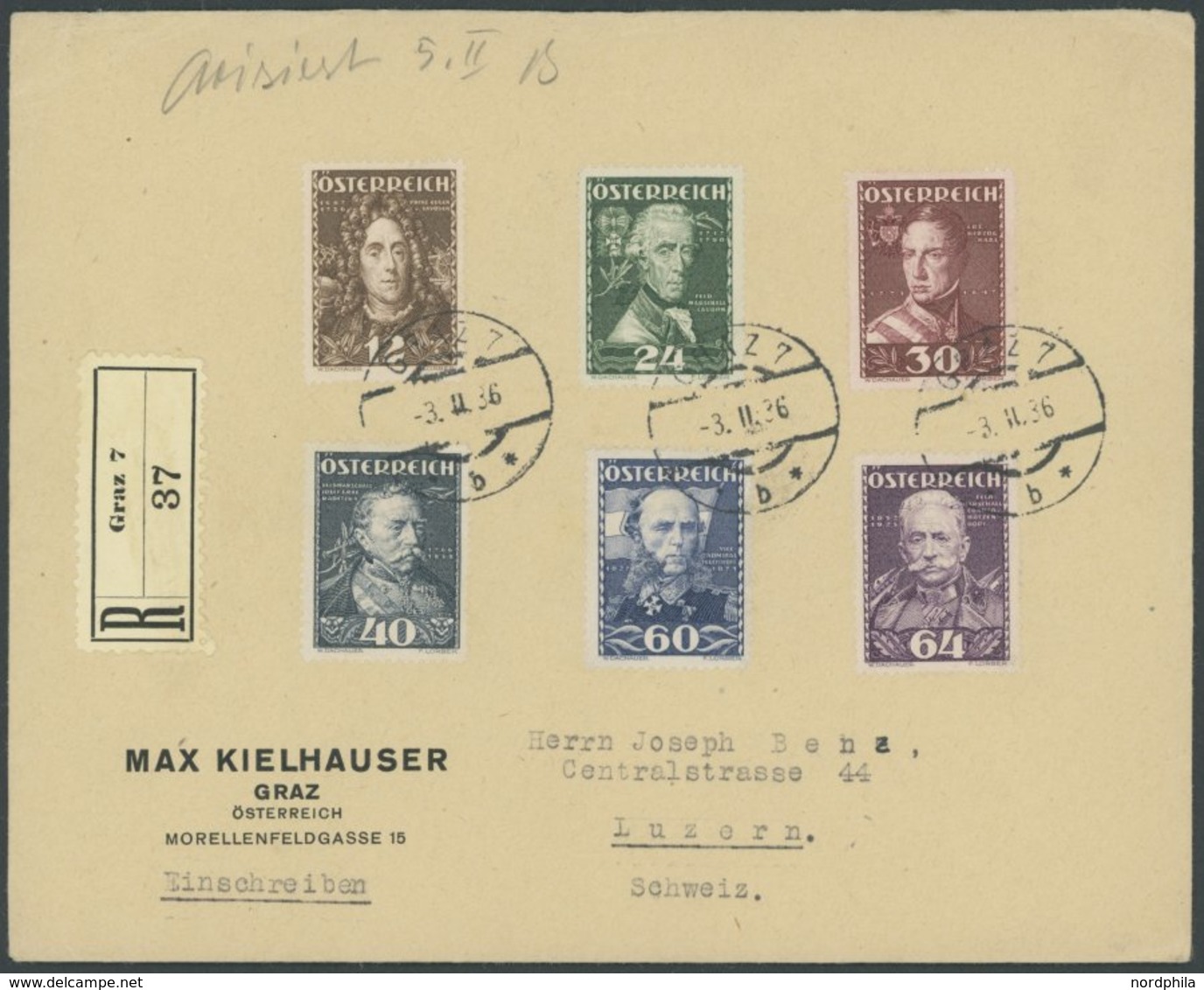 ÖSTERREICH 1918-1938 617-22 BRIEF, 1935, Herrführer Mit Tagesstempeln GRAZ 7 Auf Einschreibbrief In Die Schweiz, Pracht - Autres & Non Classés