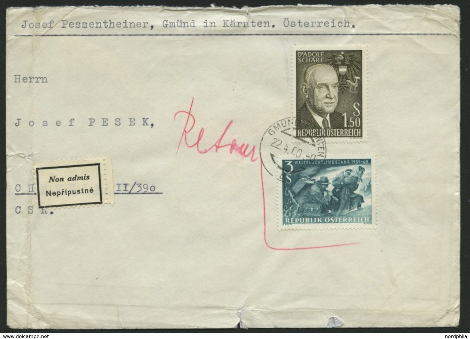ÖSTERREICH 1074 BRIEF, 1960, 3 S. Weltflüchtlingsjahr Mit Zusatzfrankatur Auf Brief In Die Tschechoslowakei Mit Retourve - Gebraucht