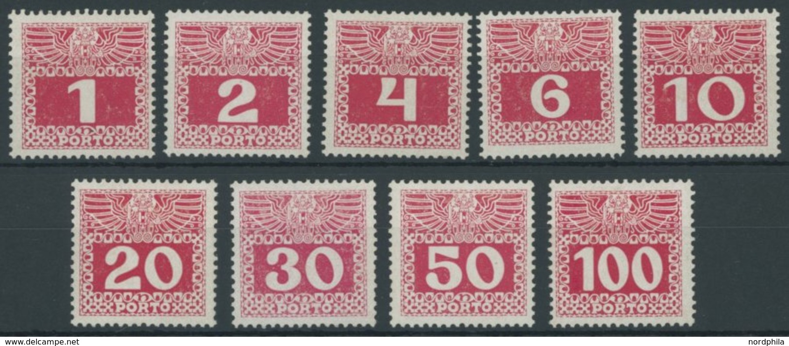PORTOMARKEN P 34-44x *, 1908, 1 - 100 H. Lebhaftlilarot, Kreidepapier, Falzreste, Prachtsatz (9 Werte), Mi. 85.- - Taxe
