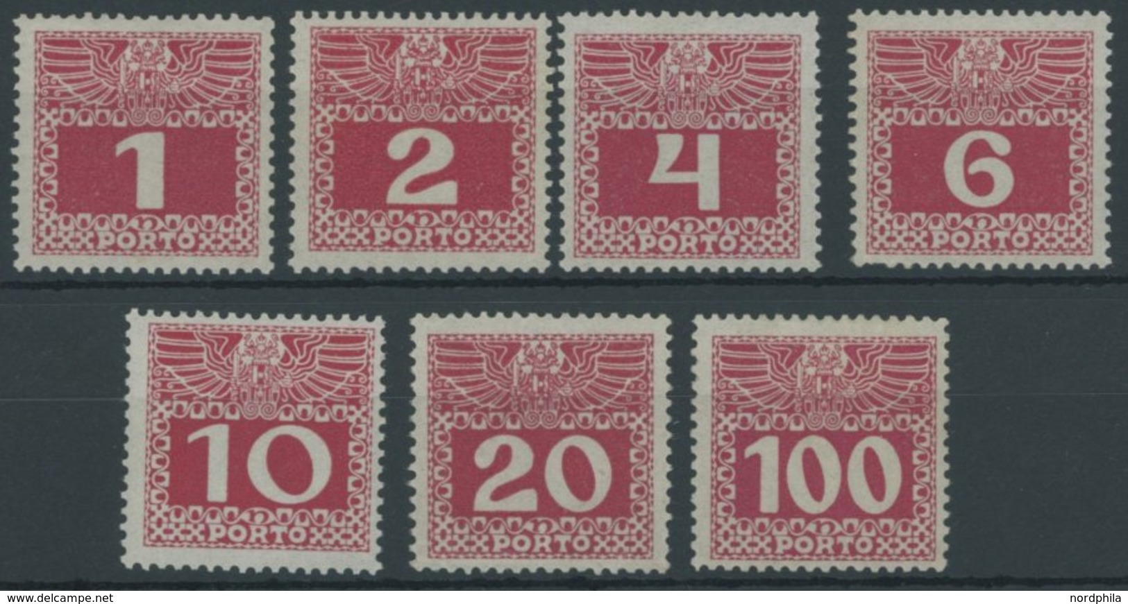 PORTOMARKEN P 34-44y *, 1909, 1 - 100 H. Lebhaftlilarot, Dünnes Papier, Falzrest, Prachtsatz (7 Werte), Mi. 200.- - Taxe