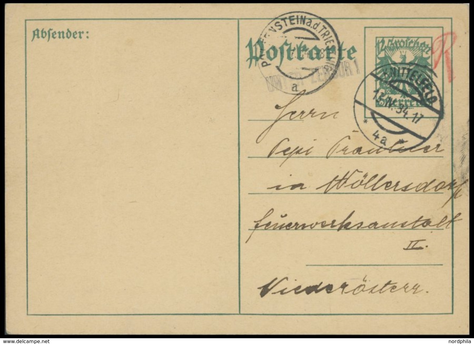 1934, 12 Gr. Ganzsachenkarte Nach Wöllersdorf, Feuerwerksanstalt II (Gefängnis Für Nationalsozialisten), Mit L1 Unter Ze - Other & Unclassified