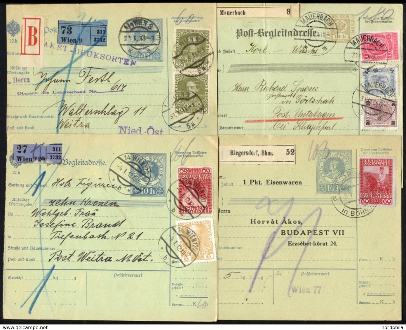 GANZSACHEN 1900-13, 6 Verschiedene Paketkarten Mit Zusatzfrankaturen, Feinst/Pracht - Other & Unclassified