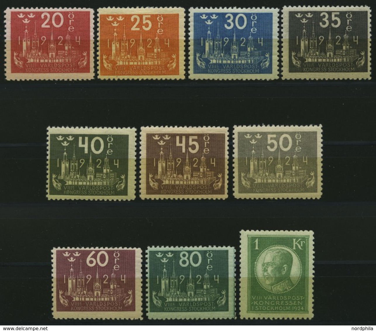 SCHWEDEN 147-56 *, 1924, 20 Ö. - 1 Kr. Weltpostkongreß, Falzreste, 10 Werte, üblich Gezähnt Pracht - Used Stamps