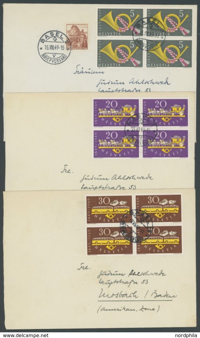 SCHWEIZ BUNDESPOST 519-21 VB BRIEF, 1949, Eidgenössische Post In Zentrisch Gestempelten Viererblocks Auf Umschlag, Prach - Autres & Non Classés