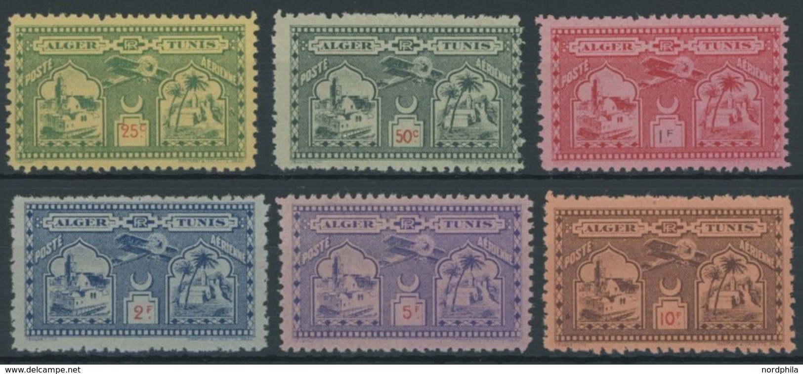 1928, 25 - 10 Fr. Flugpost-Vignetten Alger-Tunis, 6 Postfrische Prachtwerte -> Automatically Generated Translation: 1928 - Algerien (1962-...)