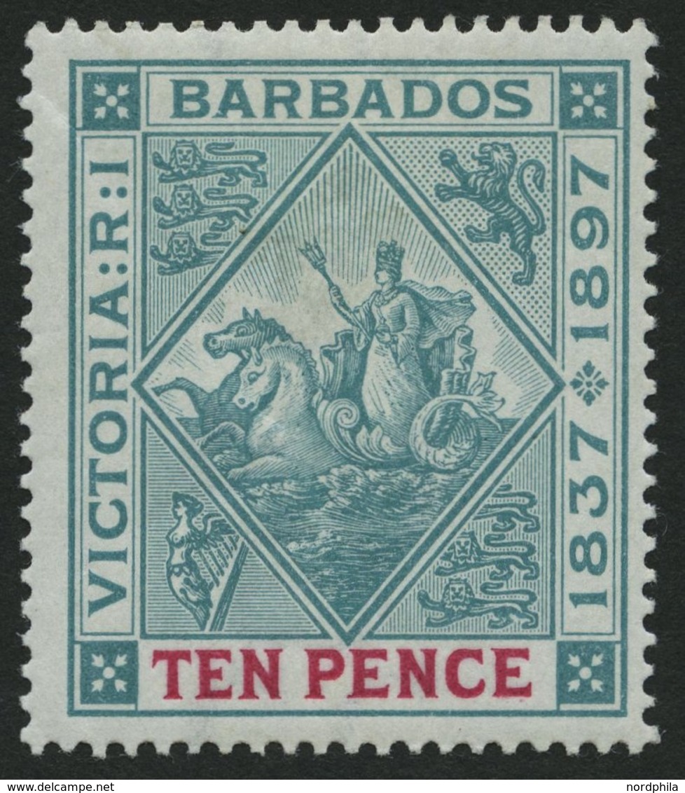 BARBADOS 60x *, 1897, 10 P. 60 Jahre Regentschaft, Weißes Papier, Falzreste, Herstellungsbedingte Gummiknitter, Pracht,  - Barbados (...-1966)