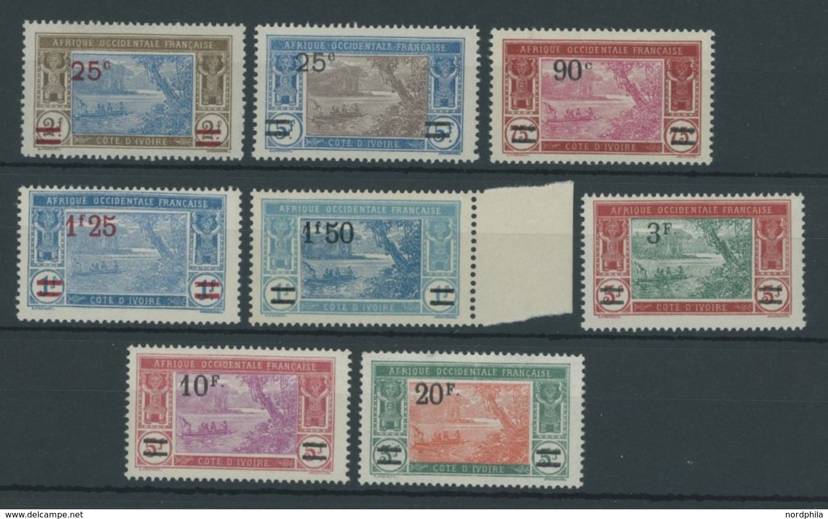 ELFENBEINKÜSTE 75-82 **, 1924/7, Boot In Der Ebrié-Lagune, Mit Aufdruck, Postfrischer Prachtsatz - Unused Stamps