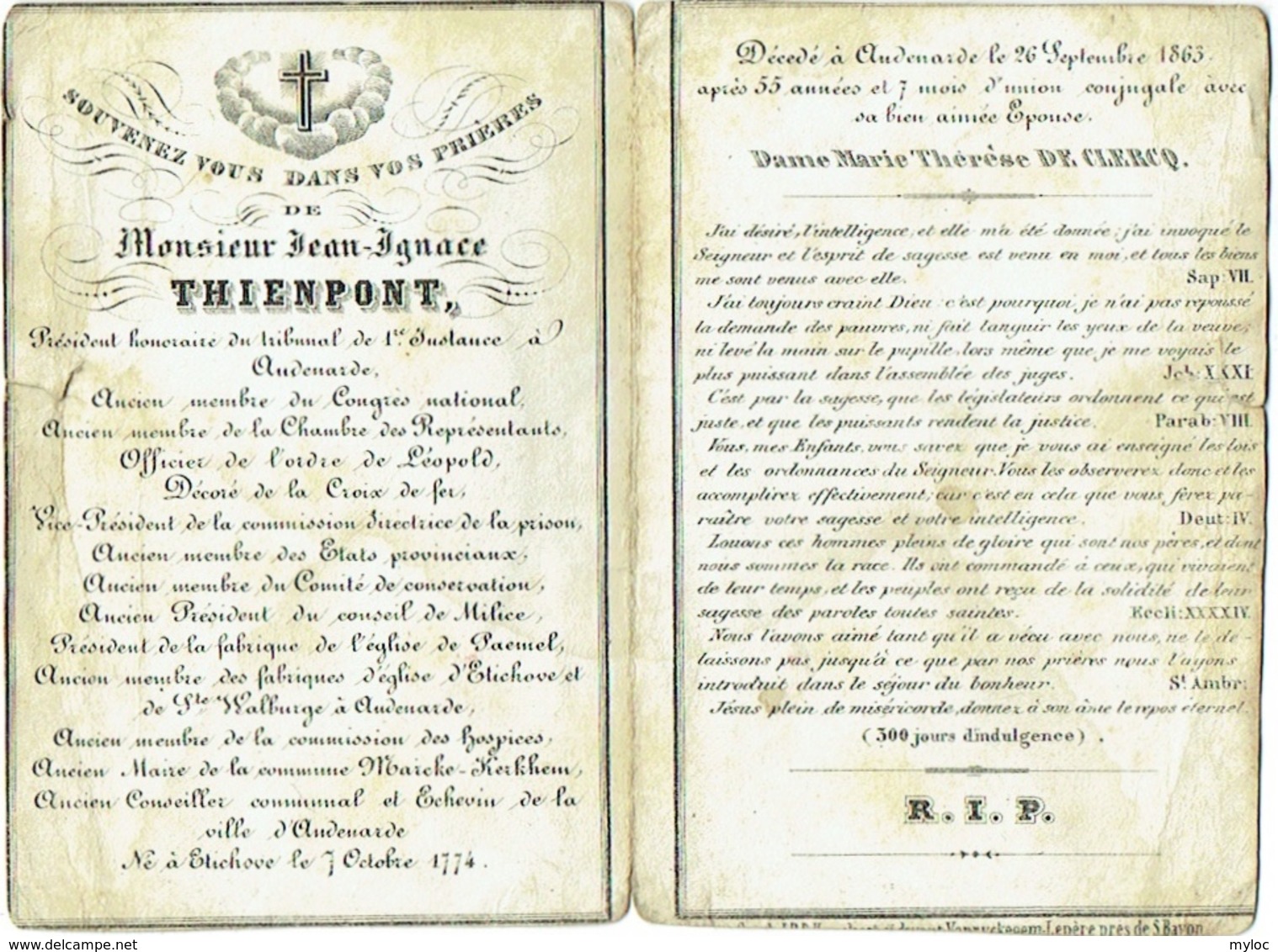 Doodsprentje/Image Mortuaire. Thienpont Présidant Tribunal Oudenaarde. Etichove 1774/Audenarde 1863; - Devotieprenten