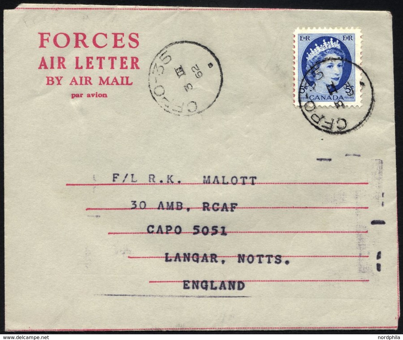 KANADA 294 BRIEF, 1962, 5 C. Hellblau Mit K1 CFPO-35 Auf Feldpost-Aerogramm Der UNEF MIDDLE EAST-Truppen Aus Gaza, Prach - Oblitérés