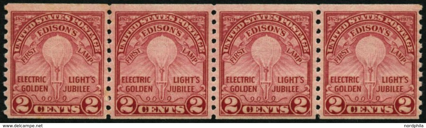 USA 317D **, Scott 656, 1929, 2 C. Edison, Senkrecht Gezähnt 10, Im Waagerechten Viererstreifen, Postfrisch, Pracht, $ 9 - Usados