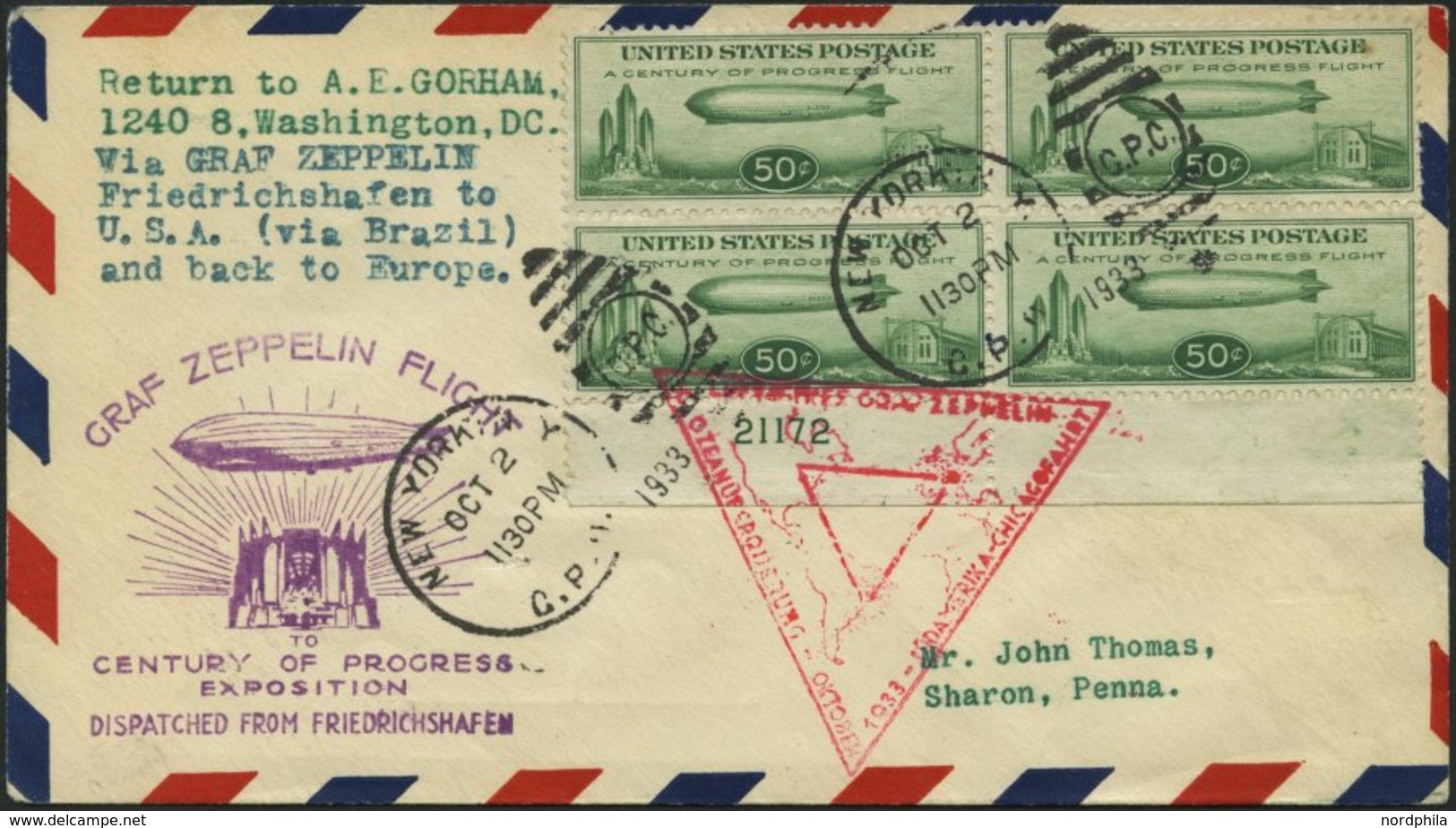 USA 358 VB BRIEF, Scott C 18, 1933, 50 C. Chicagofahrt Im Viererblock Mit Plattennummer Auf FDC, Pracht, R! - Used Stamps