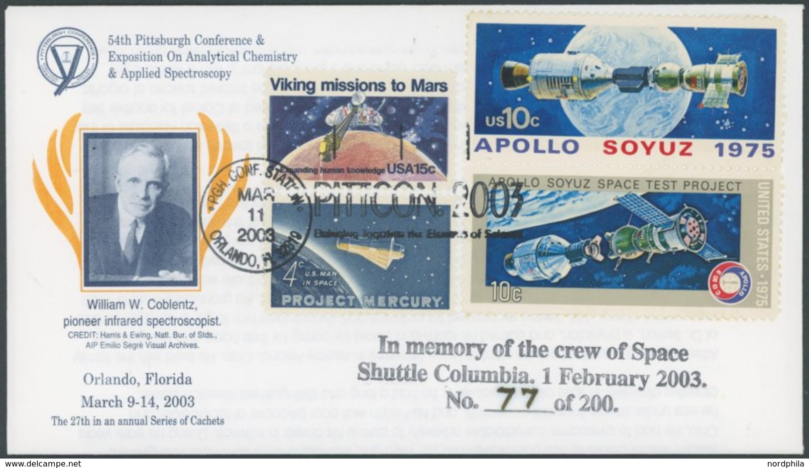 2003, SPACE SHUTTLE COLUMBIA KATASTROPHE 1.2., Mannschafts-Erinnerungsbrief Mit 4 Verschiedenen Raumfahrtmarken Aus Orla - 1c. 1918-1940 Lettres