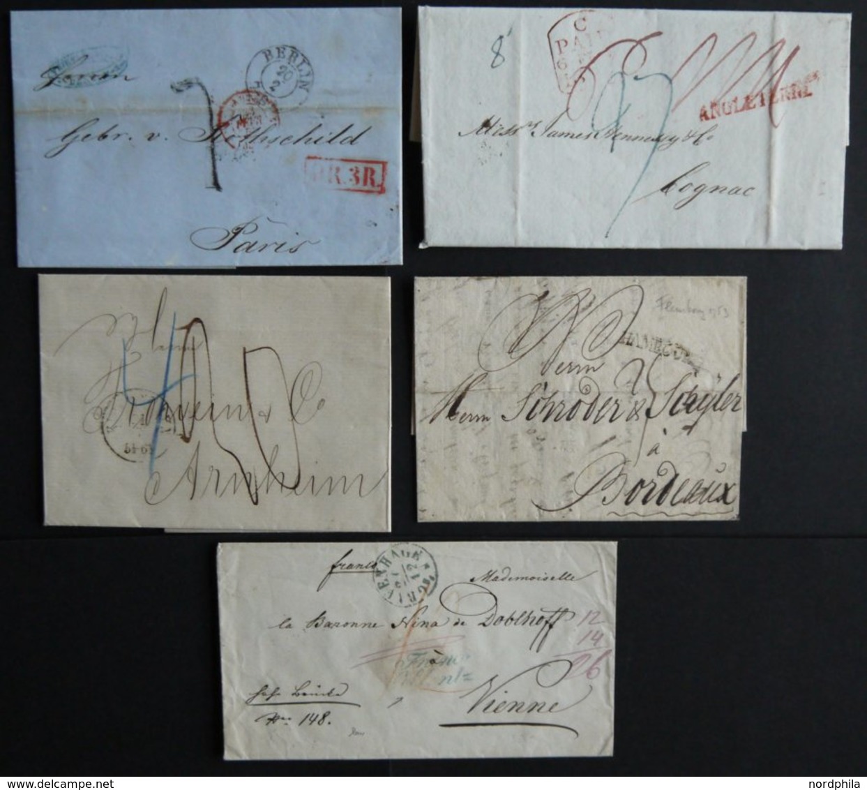 SLG., LOTS DEUTSCHLAND 1753-1866, 5 Interessante Grenzübergangsbriefe: 1753 Flensburg-Bordeaux, 1827 Angleterre-Cognac,  - Collections