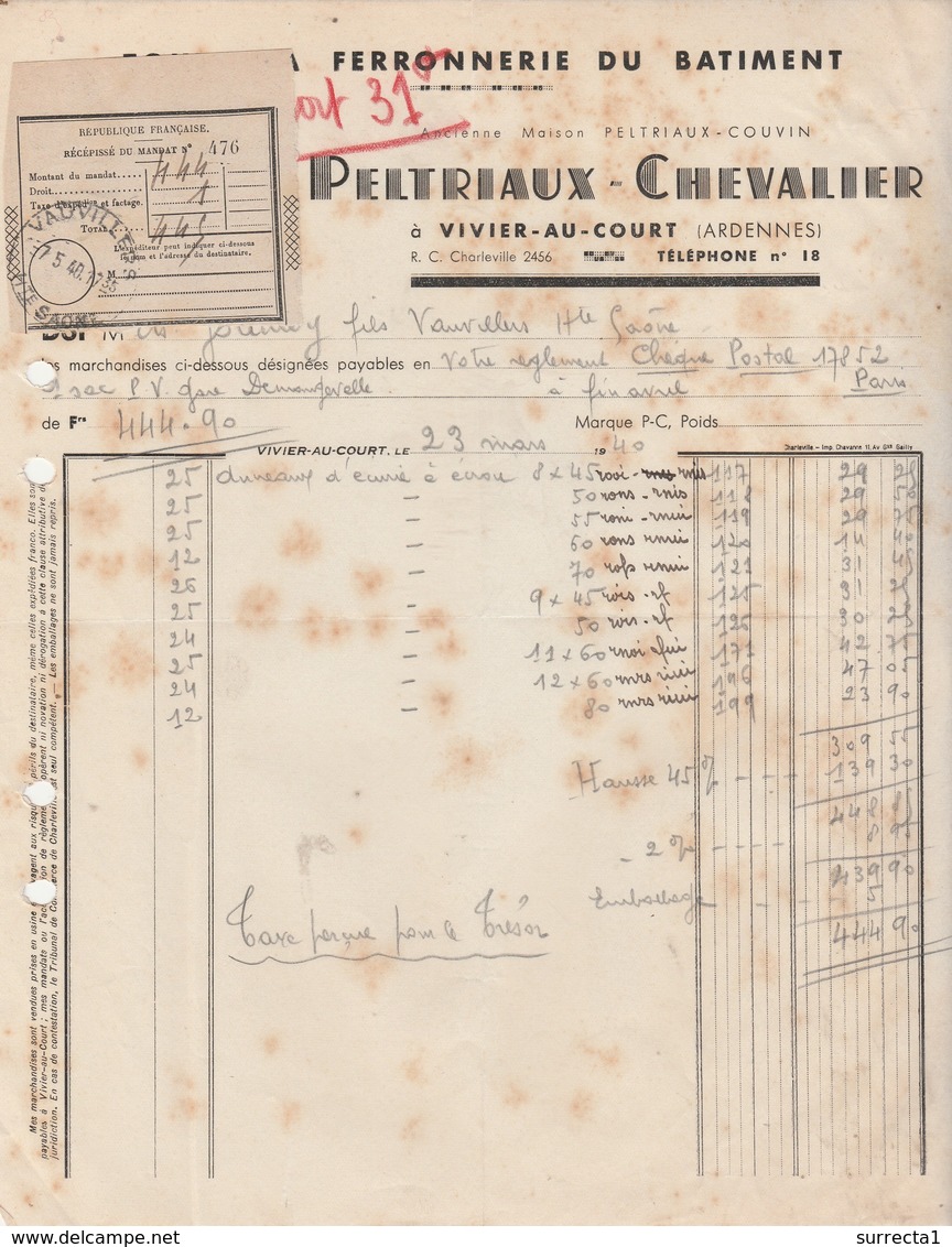 Facture 1940 / PELTRIAUX CHEVALIER / Ferronnerie Bâtiment / 08 Vivier Au Court / Ardennes - 1900 – 1949