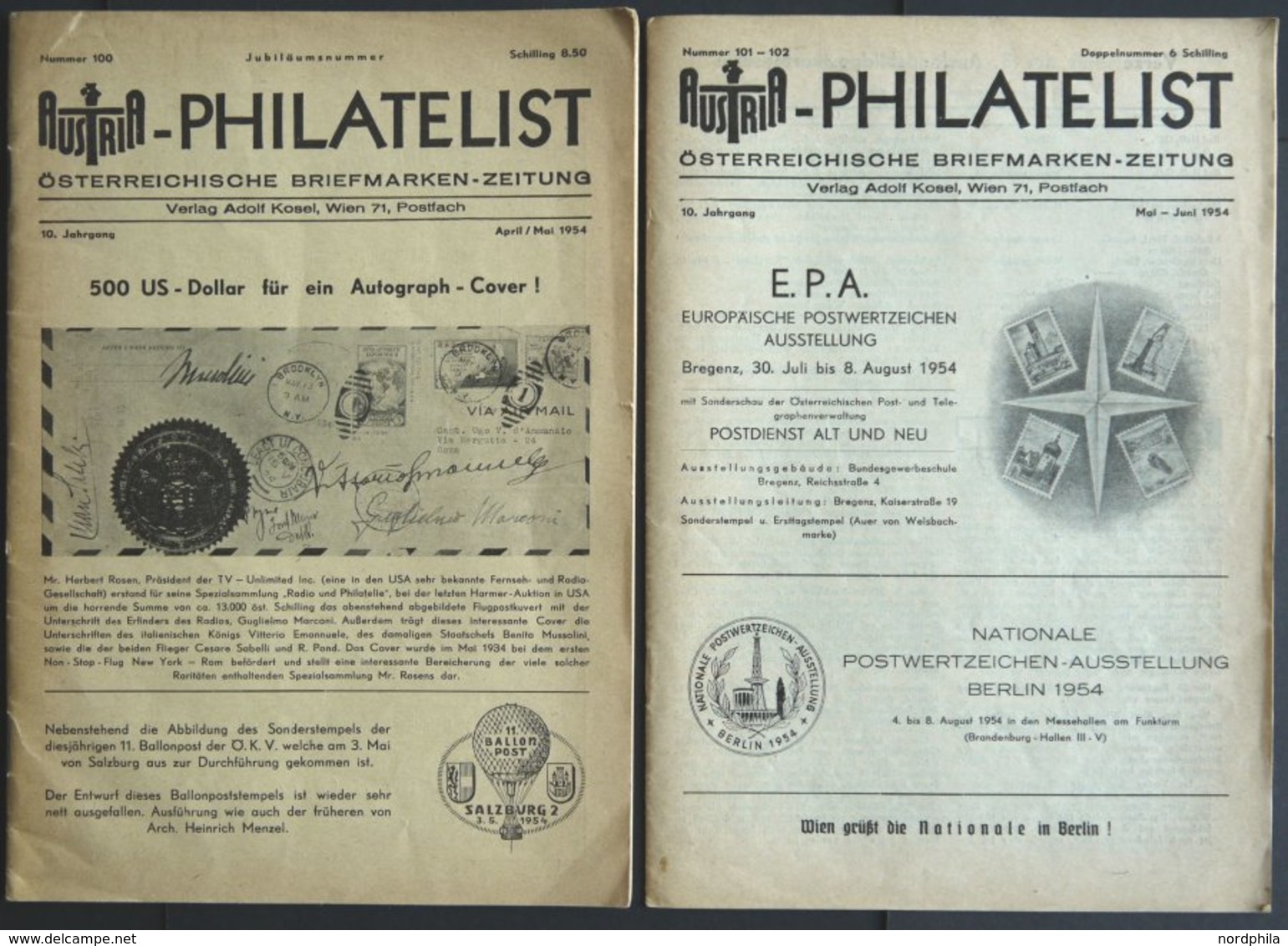 PHIL. LITERATUR Austria-Philatelist, 2 Hefte Nr. 100 Und 101-102, April/Mai Und Mai-Juni 1954, Adolf Kosel Verlag, Mit V - Philatelie Und Postgeschichte