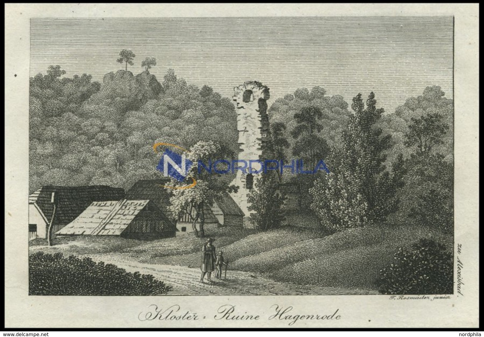 HAGENRODE Bei Alexis-Bad (Selkenbrunnen/Harz): Kloster-Ruine Am Wegesrand, Kupferstich Von F. Rosmäsler Jun. Von 1820 - Lithographies