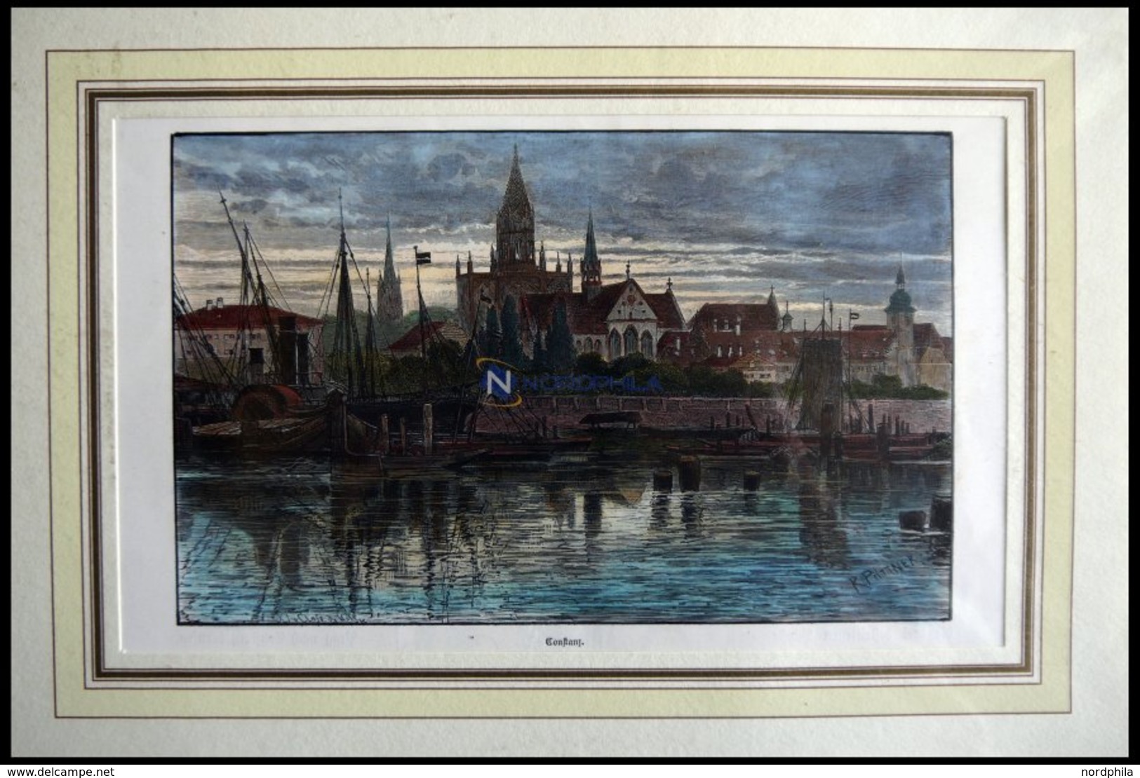 KONSTANZ, Teilansicht übers Wasser Gesehen, Kolorierter Holzstich Von Püttner Um 1880 - Lithographien