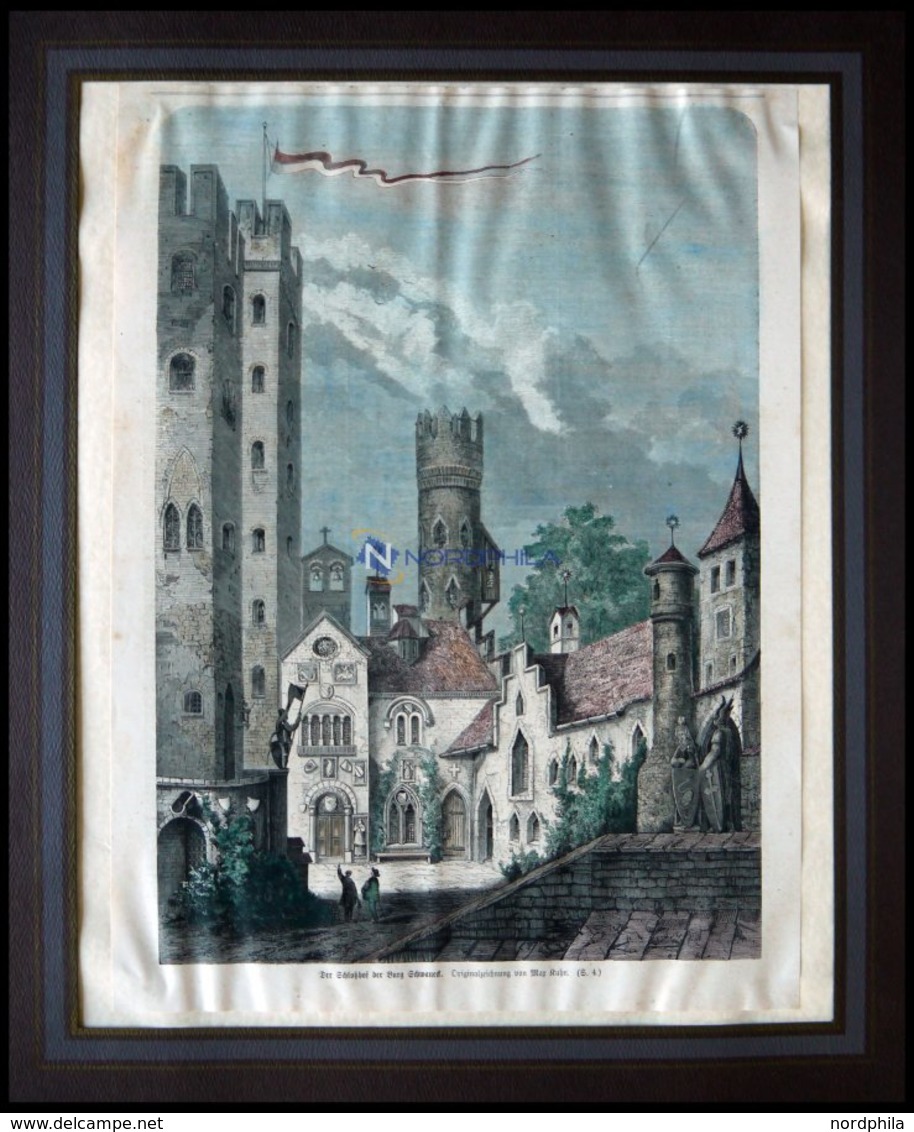 SCHWANECK: Der Schloßhof Der Burg, Kolorierter Holzstich Nach Ruhn Um 1880 - Lithographien