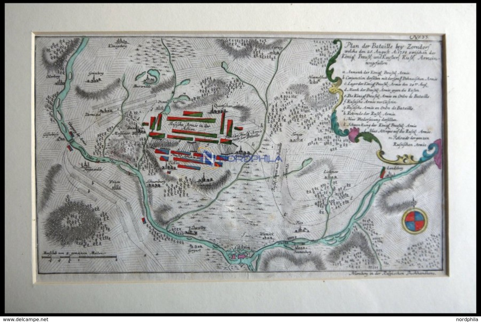 ZORNDORF, Schlacht Vom 25.8.1758 Mit Umgebung, Altkolorierter Kupferstich Von Ben Jochai Bei Raspische Buchhandlung 1760 - Lithographies