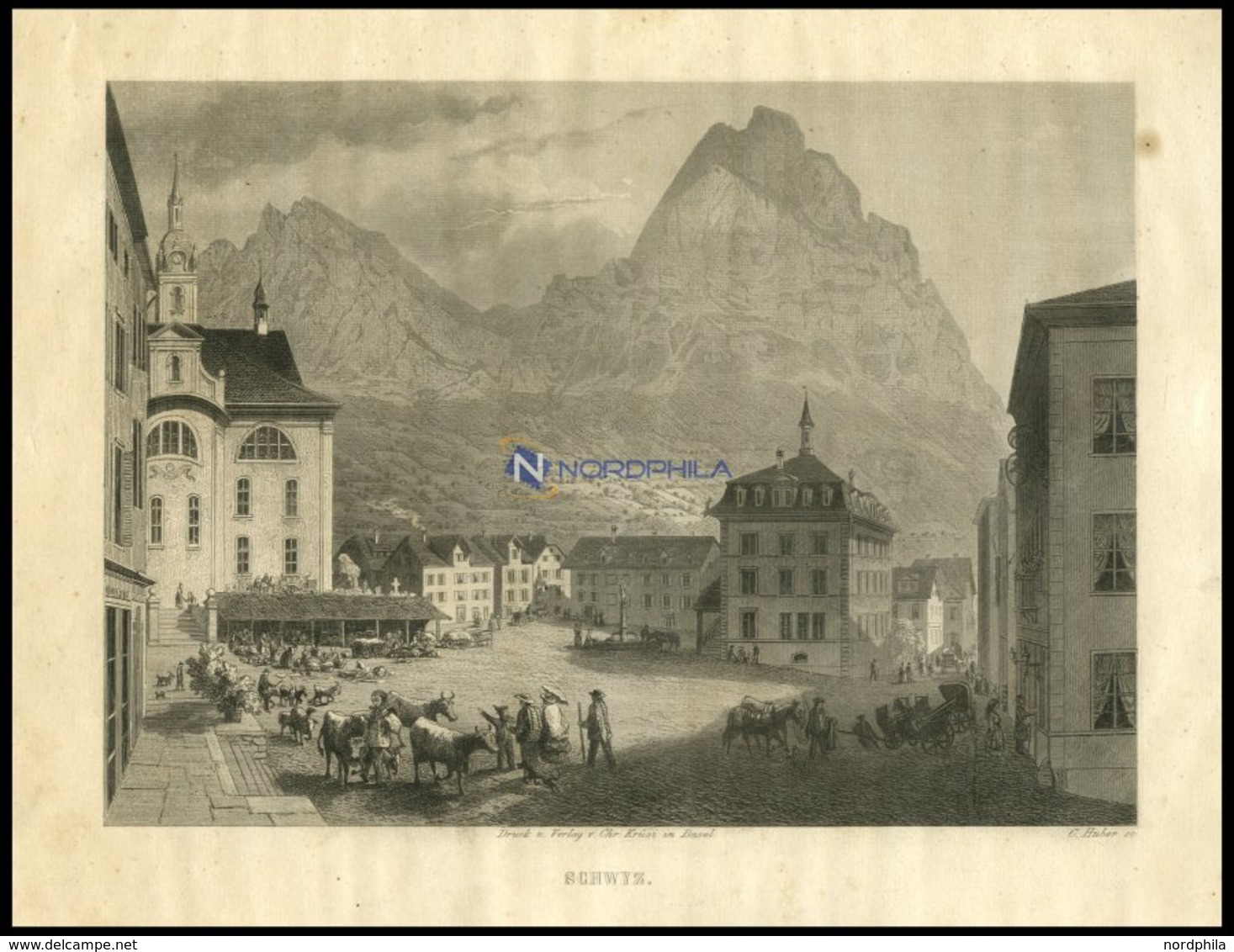 SCHWYZ, Gesamtansicht Mit Hübscher Tier U.-Personenstaffage Im Vordergrund, Stahlstich Von Huber Um 1840 - Lithographies