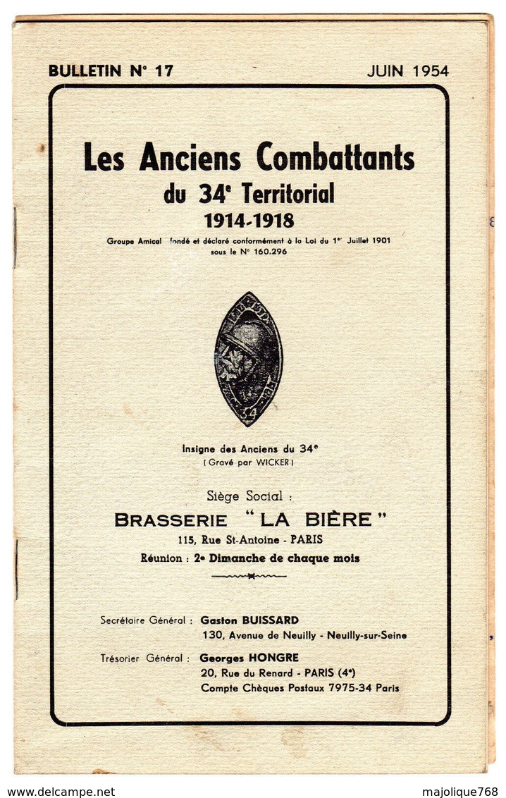 Bulletin N°17 Juin 1954 Les Anciens Combattants Du 34e Territorial 1914-1918 - - France