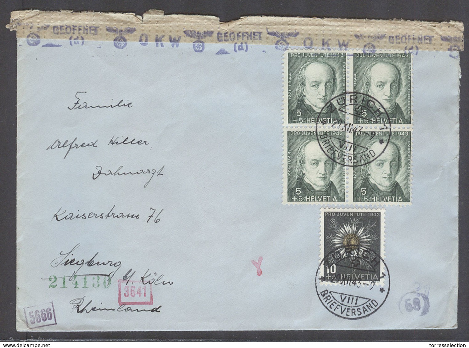 Switzerland - XX. 1943 (29 Dec). Zurich - Germany, Siegburg. Multifkd Nazi Censored Mail Env. VF. - Other & Unclassified