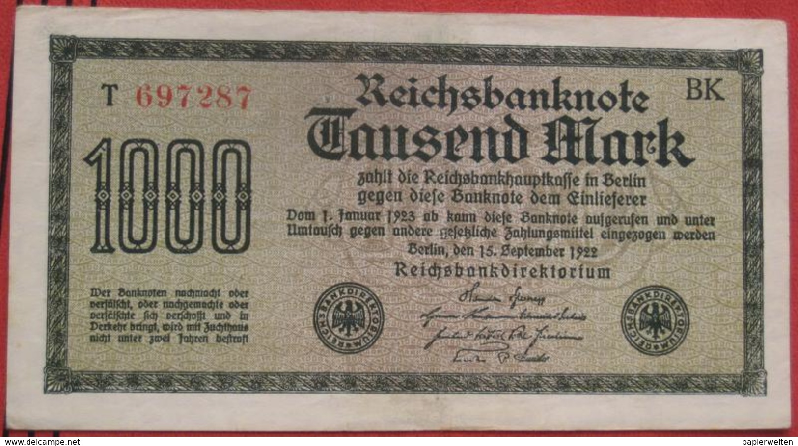 1000 Mark 1922 (WPM 76C) 15.9.1922 WZ: Mäander KN 6 Rot - 1000 Mark