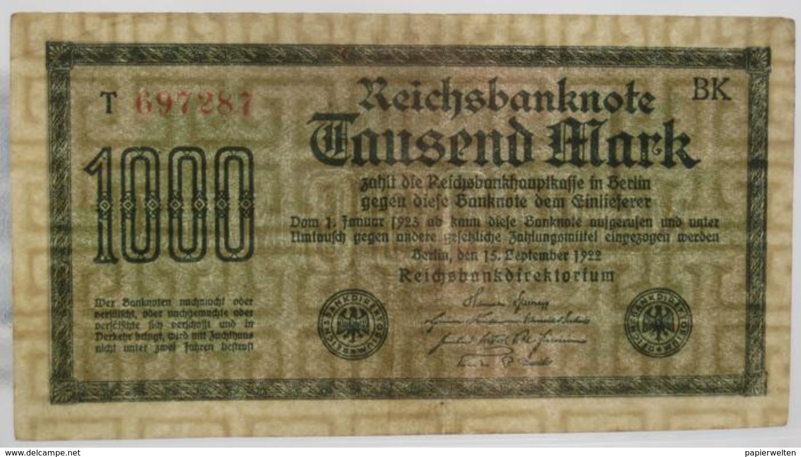 1000 Mark 1922 (WPM 76C) 15.9.1922 WZ: Mäander KN 6 Rot - 1000 Mark