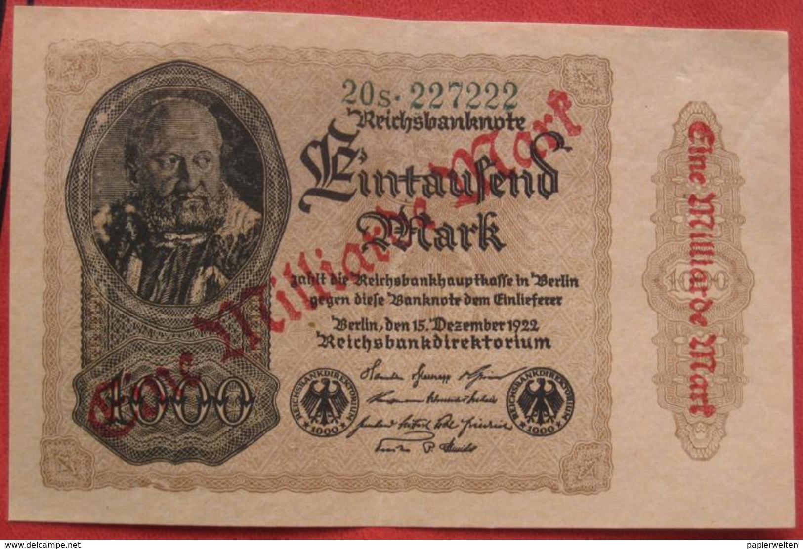 1000000 Mark 15.12.1922 (WPM 113b) 1 Million Overprint On 1000 Mark Wasserzeichen Kreuzblüten - 1 Million Mark