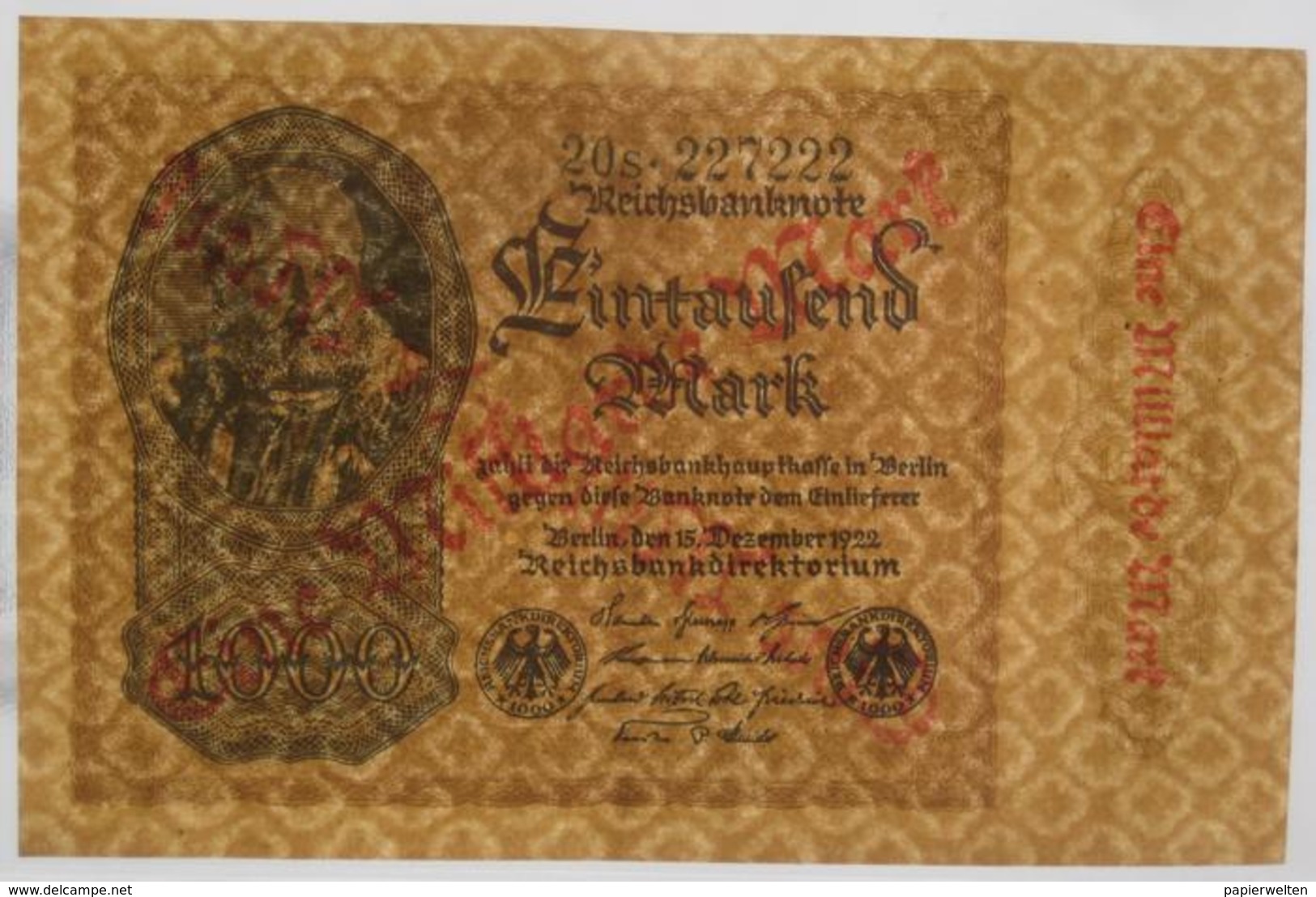 1000000 Mark 15.12.1922 (WPM 113b) 1 Million Overprint On 1000 Mark Wasserzeichen Kreuzblüten - 1 Mio. Mark