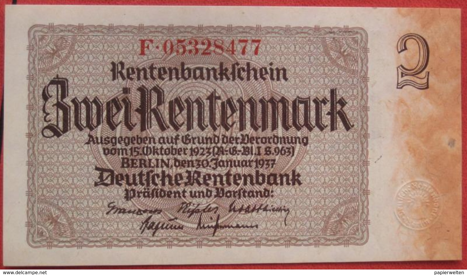 2 Rentenmark 30.1.1937 (WPM 174) "Papiereinschluss" - 2 Rentenmark