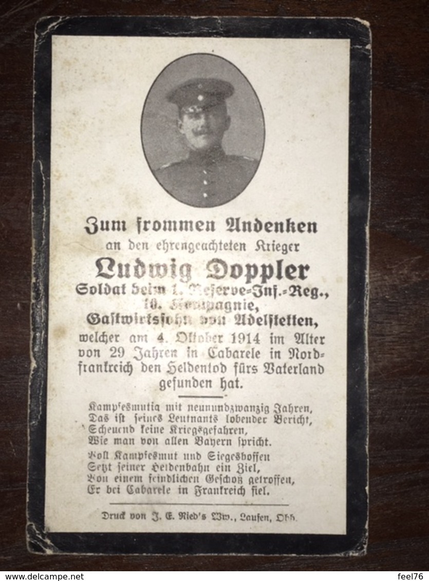 Sterbebild Wk1 Ww1 Bidprentje Avis Décès Deathcard RIR1 Tabarele St. Laurent Blangy Aus Adelstetten - 1914-18