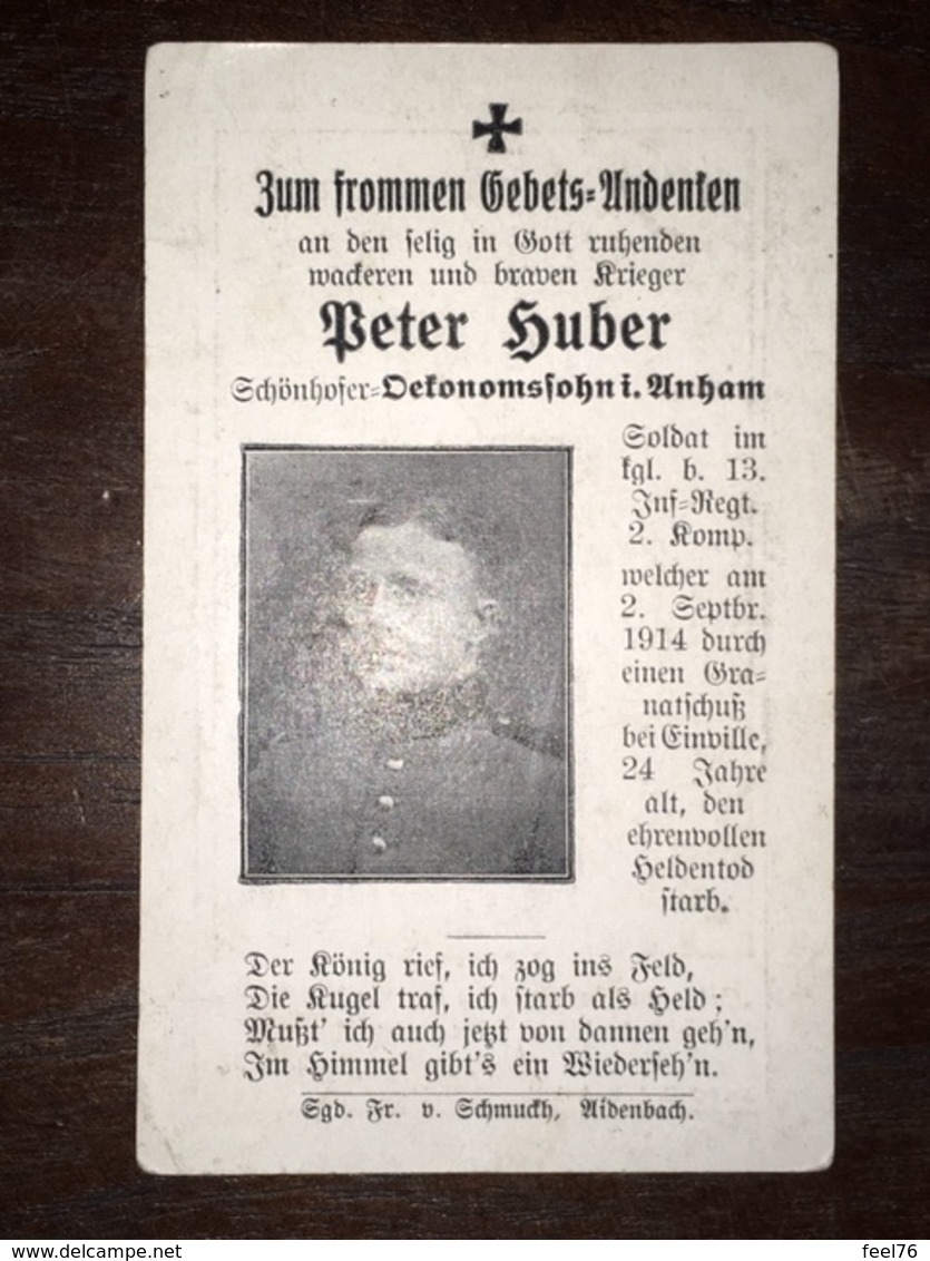 Sterbebild Wk1 Ww1 Bidprentje Avis Décès Deathcard IR13 Einville 2. September 1914 Aus Anham - 1914-18