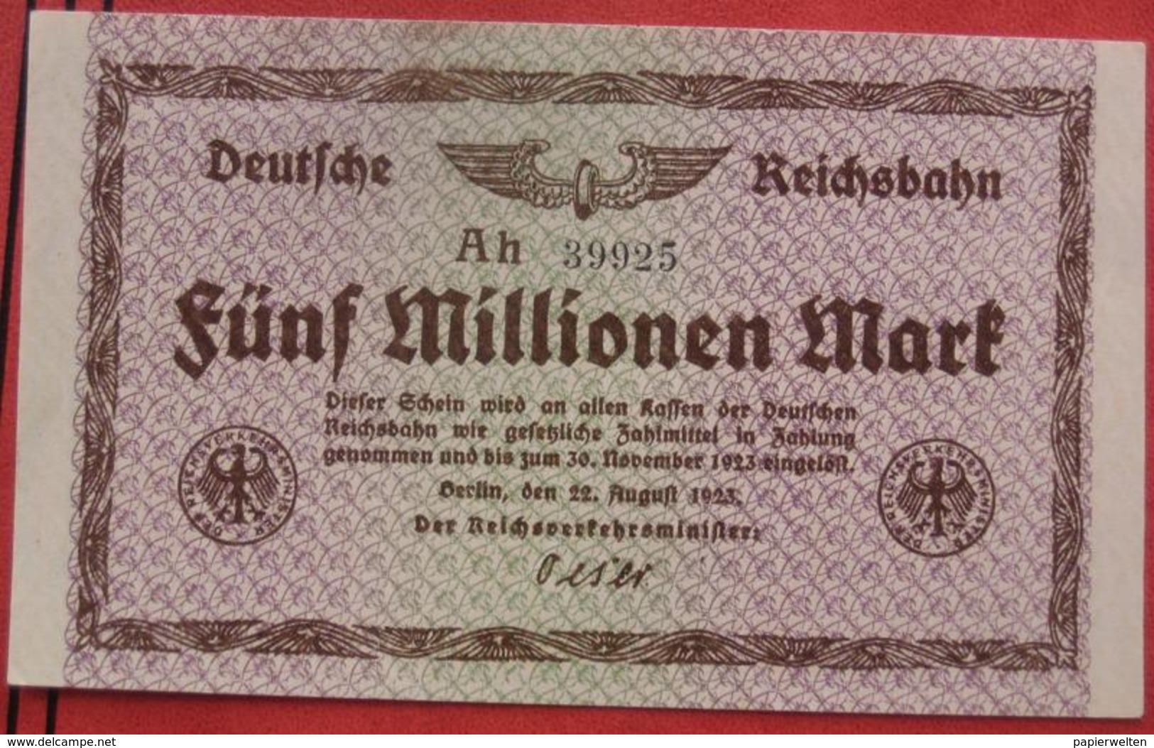 5000000 Mark 22.8.1923 Deutsche Reichsbahn (WPM S1013) 5 Millionen - 5 Millionen Mark