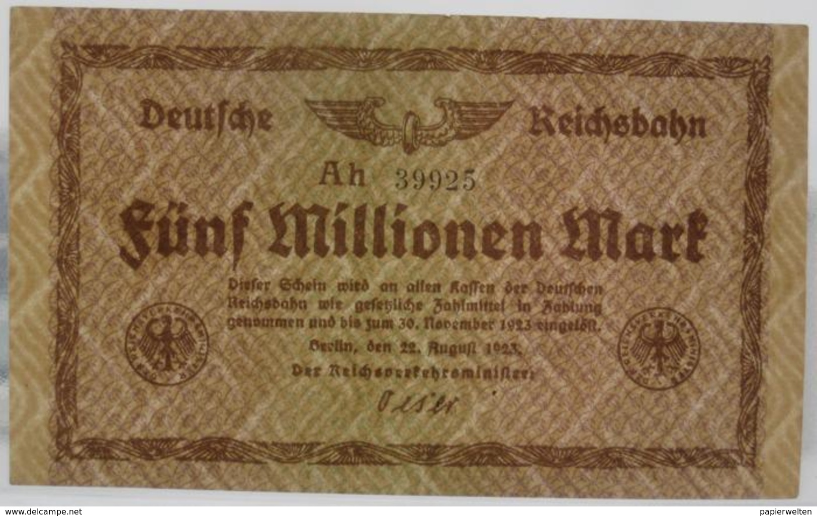 5000000 Mark 22.8.1923 Deutsche Reichsbahn (WPM S1013) 5 Millionen - 5 Millionen Mark