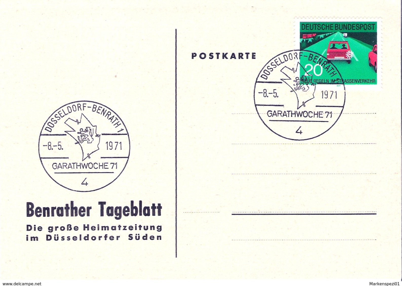 Karte Des Benrather Tageblattes 1971 Mit Sonderstempel Düsseldorf-Benrath Garathwoche 71 - Briefe U. Dokumente