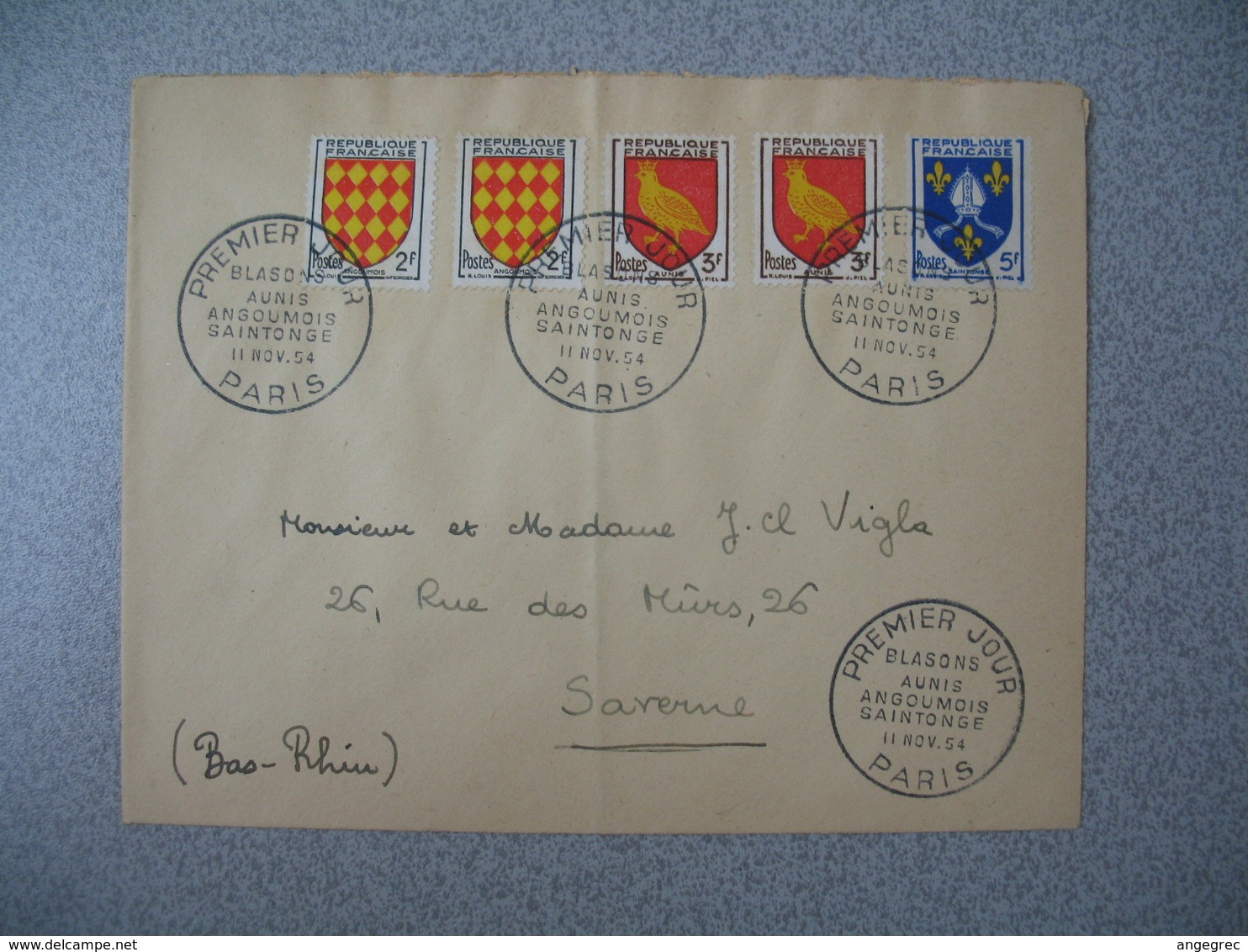 FDC  Enveloppe   1954  Armoiries Des Provinces Cachet Blasons Aunis - Angoumois - Saintonge Paris - 1950-1959