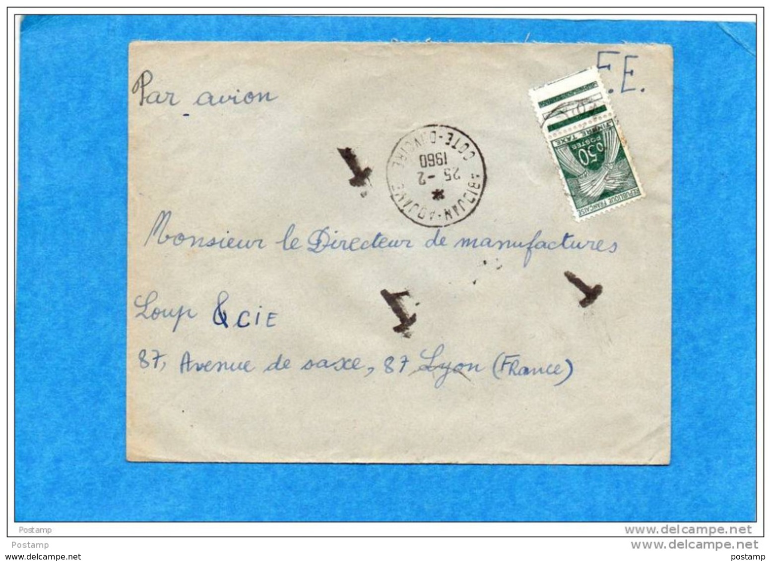 MARCOPHILIE- Lettre  FM -cote D'ivoire Non  Affranchie   Cad 1960 -   Taxée0. 50frs - 1859-1959 Lettres & Documents