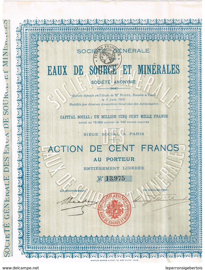 Titre Ancien -Société Générale Des Eaux De Source Et Minérales - Titre De 1906 - Eau