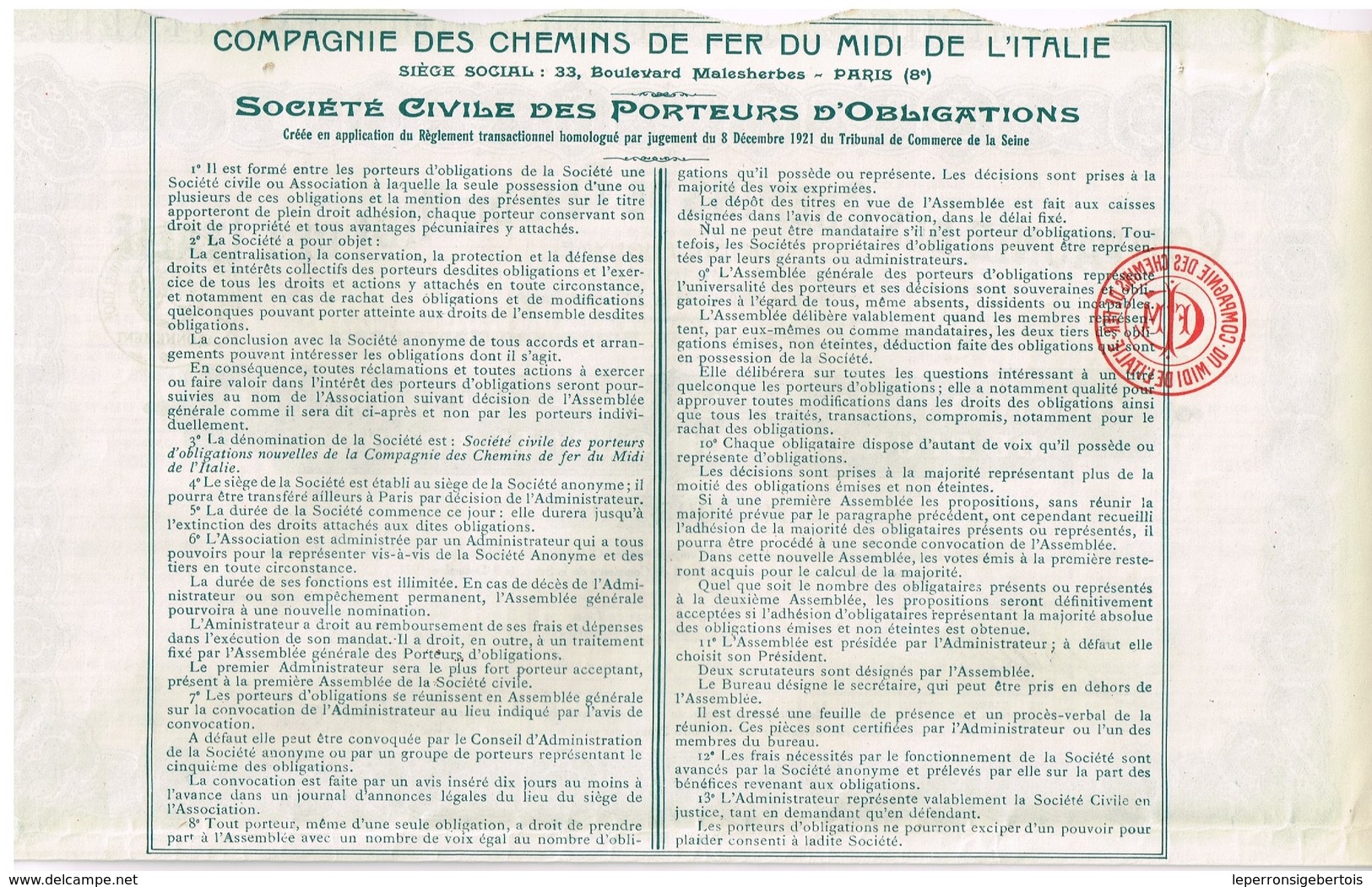 Titre Ancien - Compagnie Des Chemins De Fer Du Midi De L'Italie - Titre De 1921 - Railway & Tramway