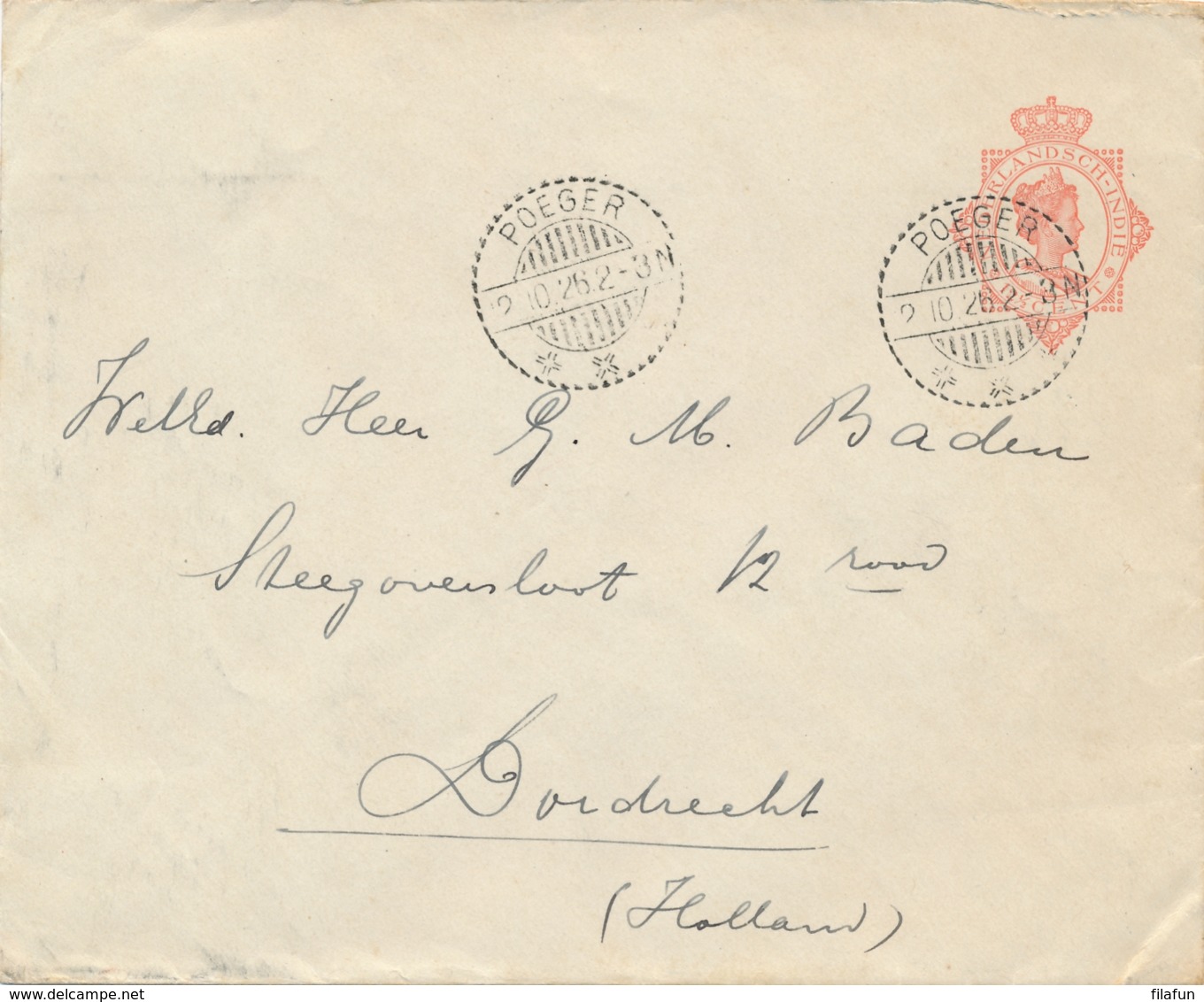 Nederlands Indië - 1926 - 12,5 Cent Wilhelmina, Envelop G47 Van LB POEGER Via LB Djember Naar Dordrecht / Nederland - Indes Néerlandaises