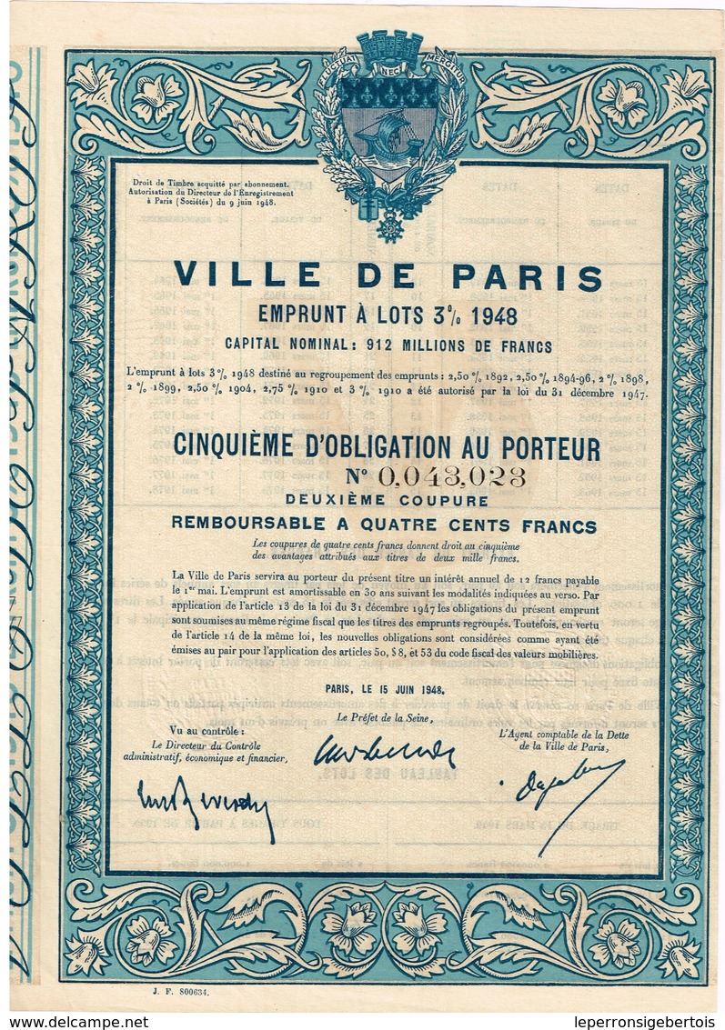 Titre Ancien - Ville De Paris - Emprunt à Lots 3% 1948 - Autres & Non Classés